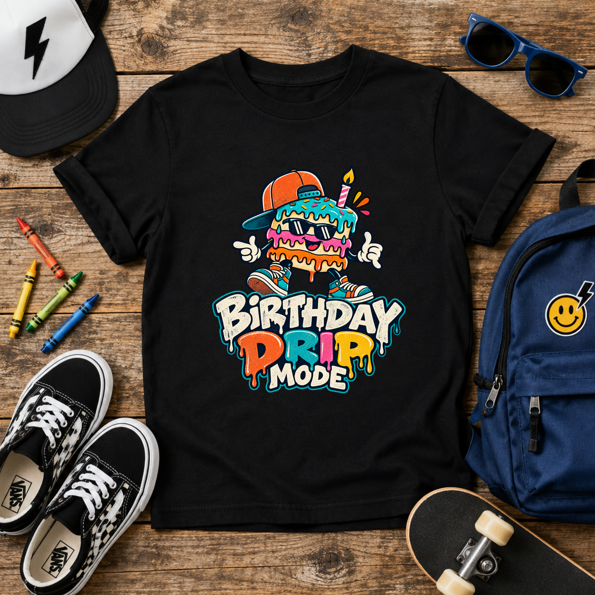 Kids Birthday Tee "Birthday Drip Mode" Colorful Cartoon Cake Shirt