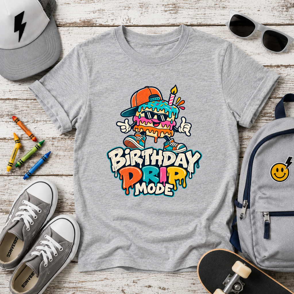 Kids Birthday Tee "Birthday Drip Mode" Colorful Cartoon Cake Shirt