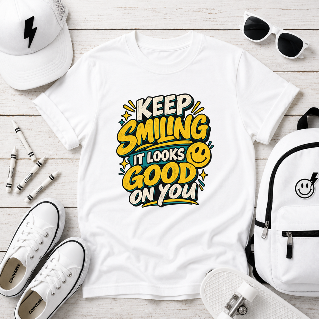 Cute Kids Tee "Keep Smiling It Looks Good On You" Positive Graphic Shirt