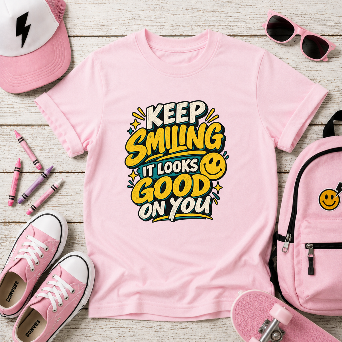 Cute Kids Tee "Keep Smiling It Looks Good On You" Positive Graphic Shirt