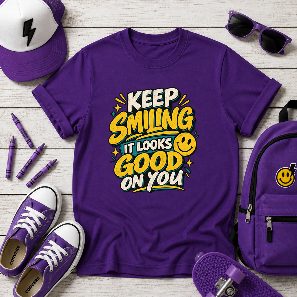 Cute Kids Tee "Keep Smiling It Looks Good On You" Positive Graphic Shirt
