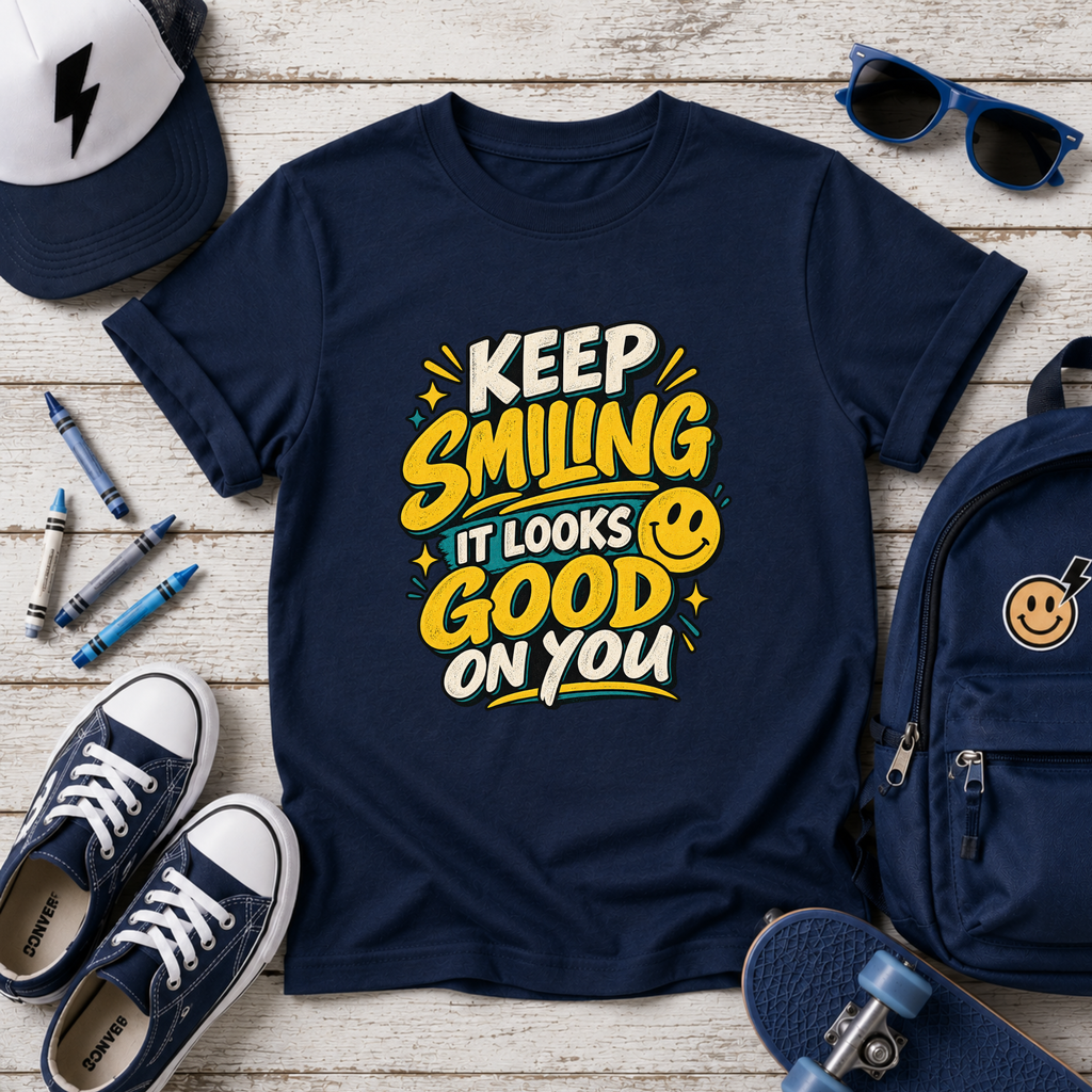 Cute Kids Tee "Keep Smiling It Looks Good On You" Positive Graphic Shirt