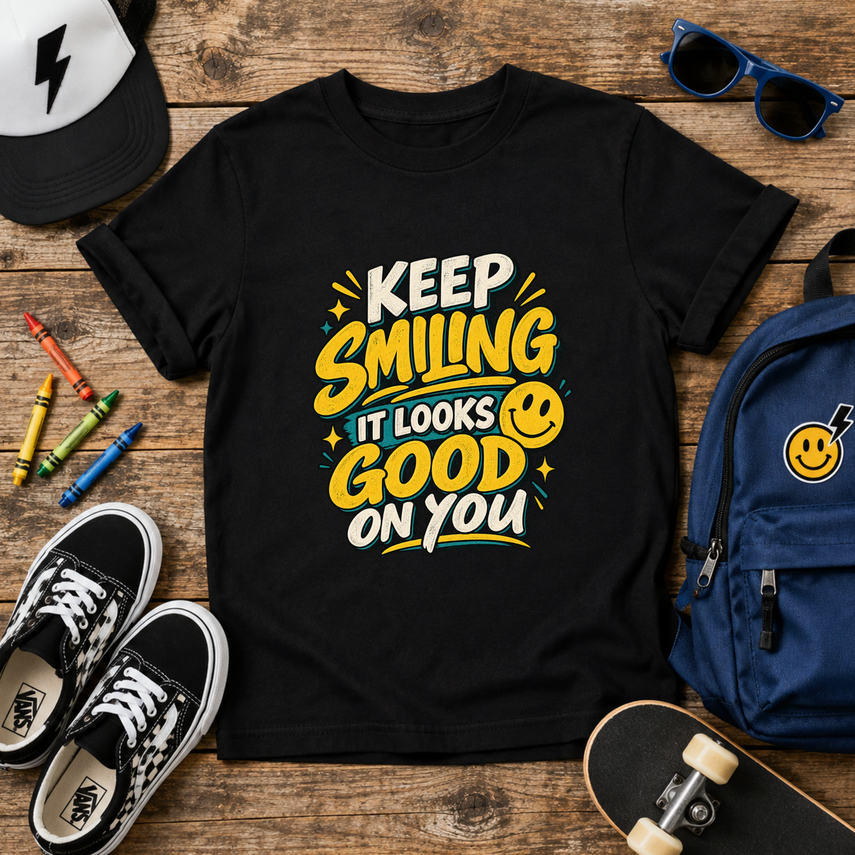 Cute Kids Tee "Keep Smiling It Looks Good On You" Positive Graphic Shirt