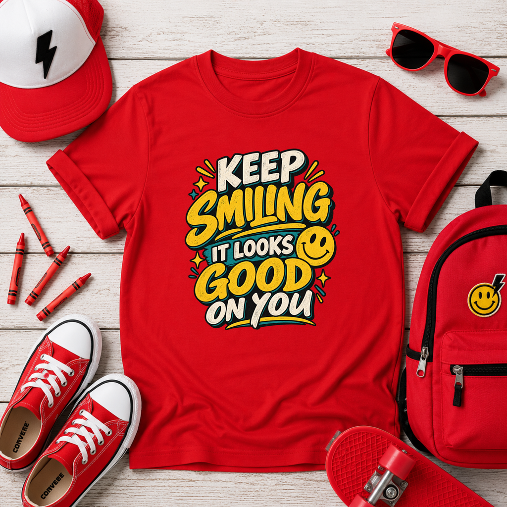 Cute Kids Tee "Keep Smiling It Looks Good On You" Positive Graphic Shirt