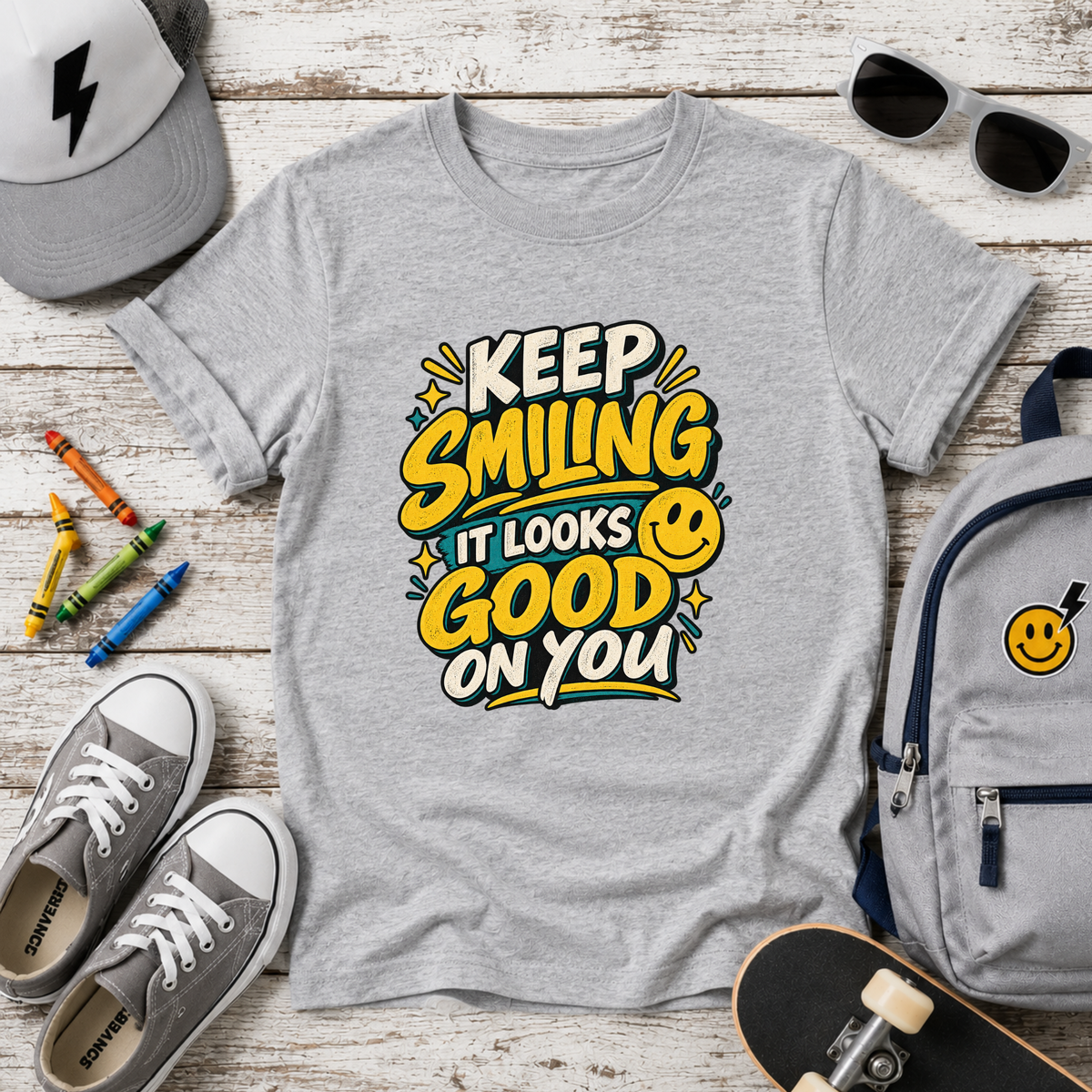 Cute Kids Tee "Keep Smiling It Looks Good On You" Positive Graphic Shirt