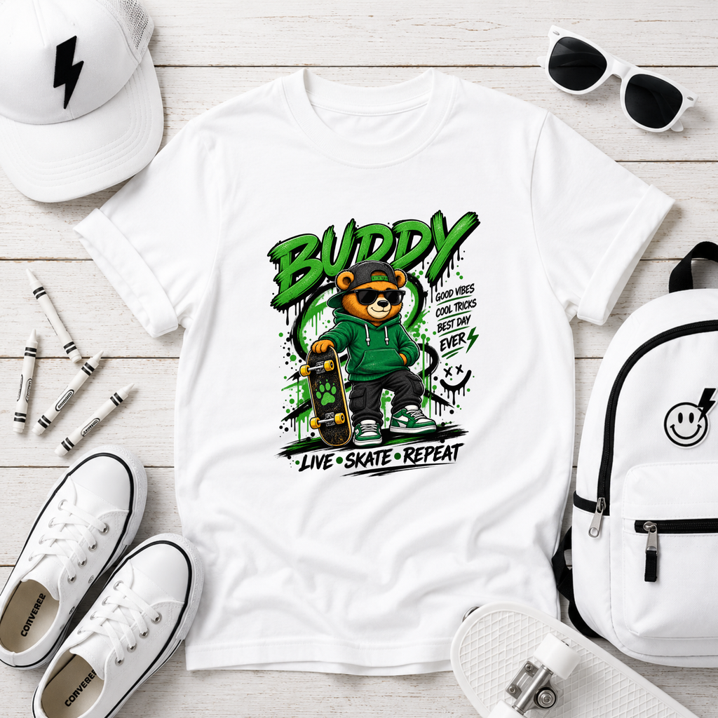 Kids Skateboard T-Shirt "Buddy" Bear Skateboarder Streetwear Graphic
