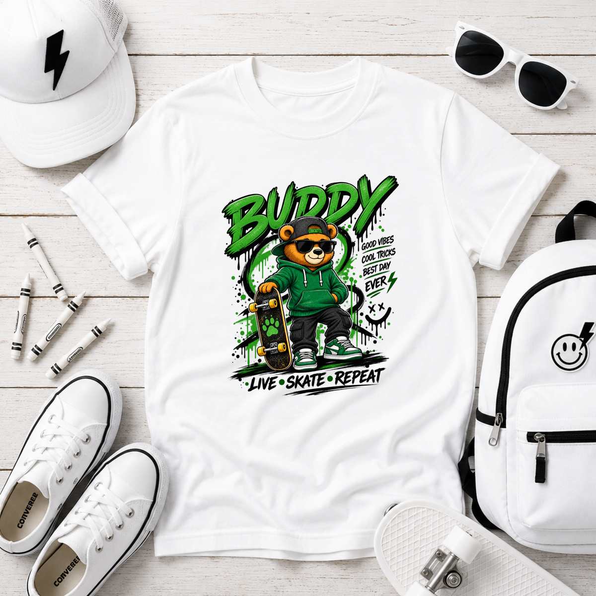 Kids Skateboard T-Shirt "Buddy" Bear Skateboarder Streetwear Graphic