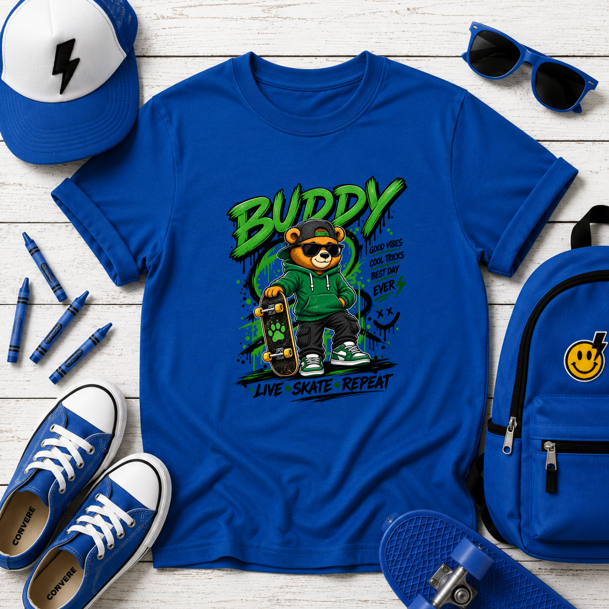 Kids Skateboard T-Shirt "Buddy" Bear Skateboarder Streetwear Graphic