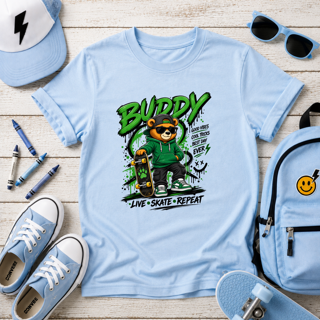 Kids Skateboard T-Shirt "Buddy" Bear Skateboarder Streetwear Graphic