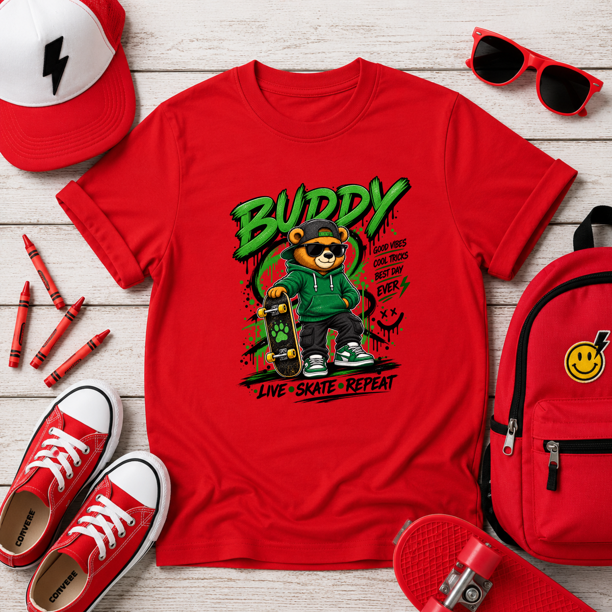 Kids Skateboard T-Shirt "Buddy" Bear Skateboarder Streetwear Graphic