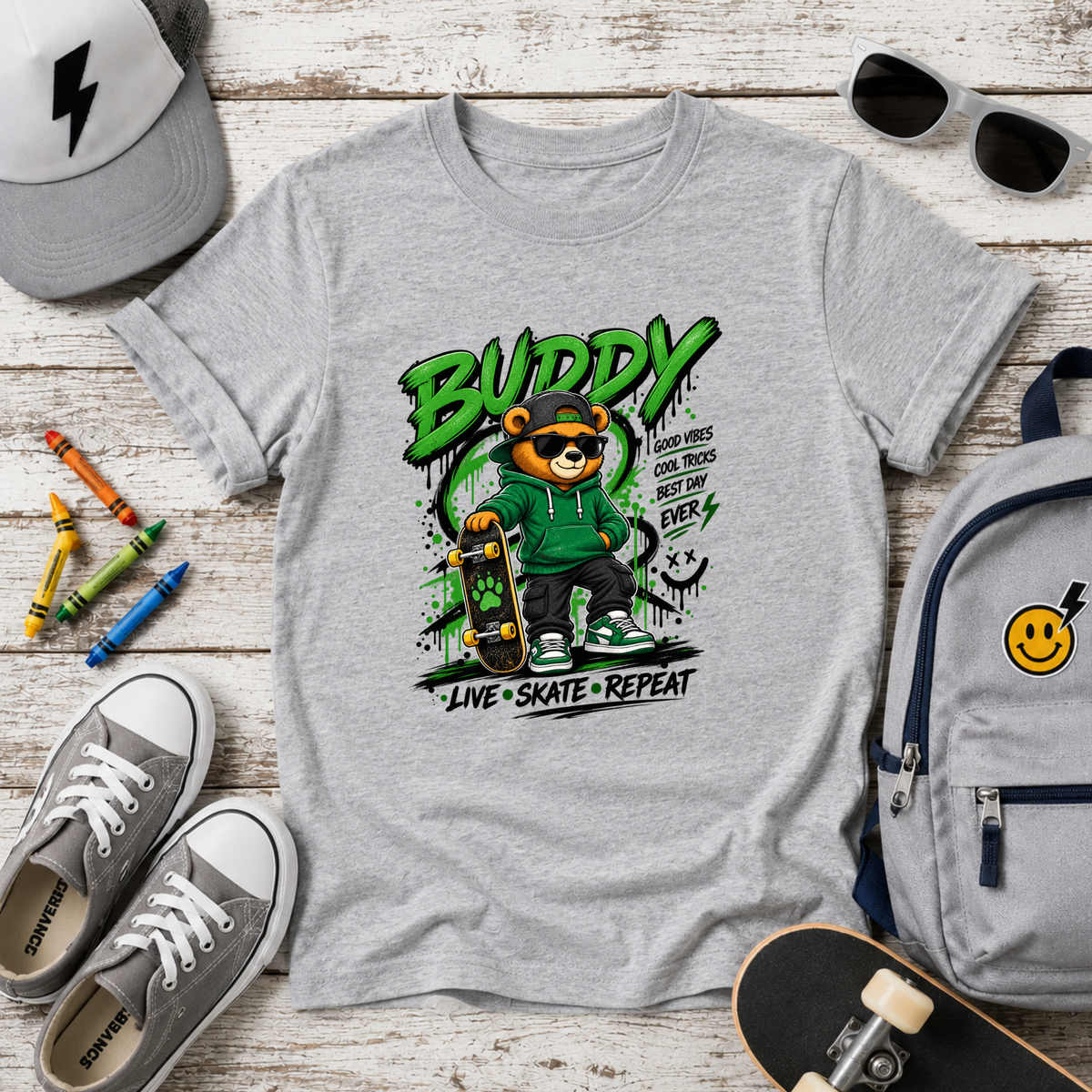 Kids Skateboard T-Shirt "Buddy" Bear Skateboarder Streetwear Graphic