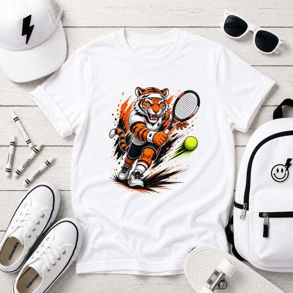 Kids Tennis Tiger T‑Shirt Fierce Cartoon Tennis Player Sports Tee