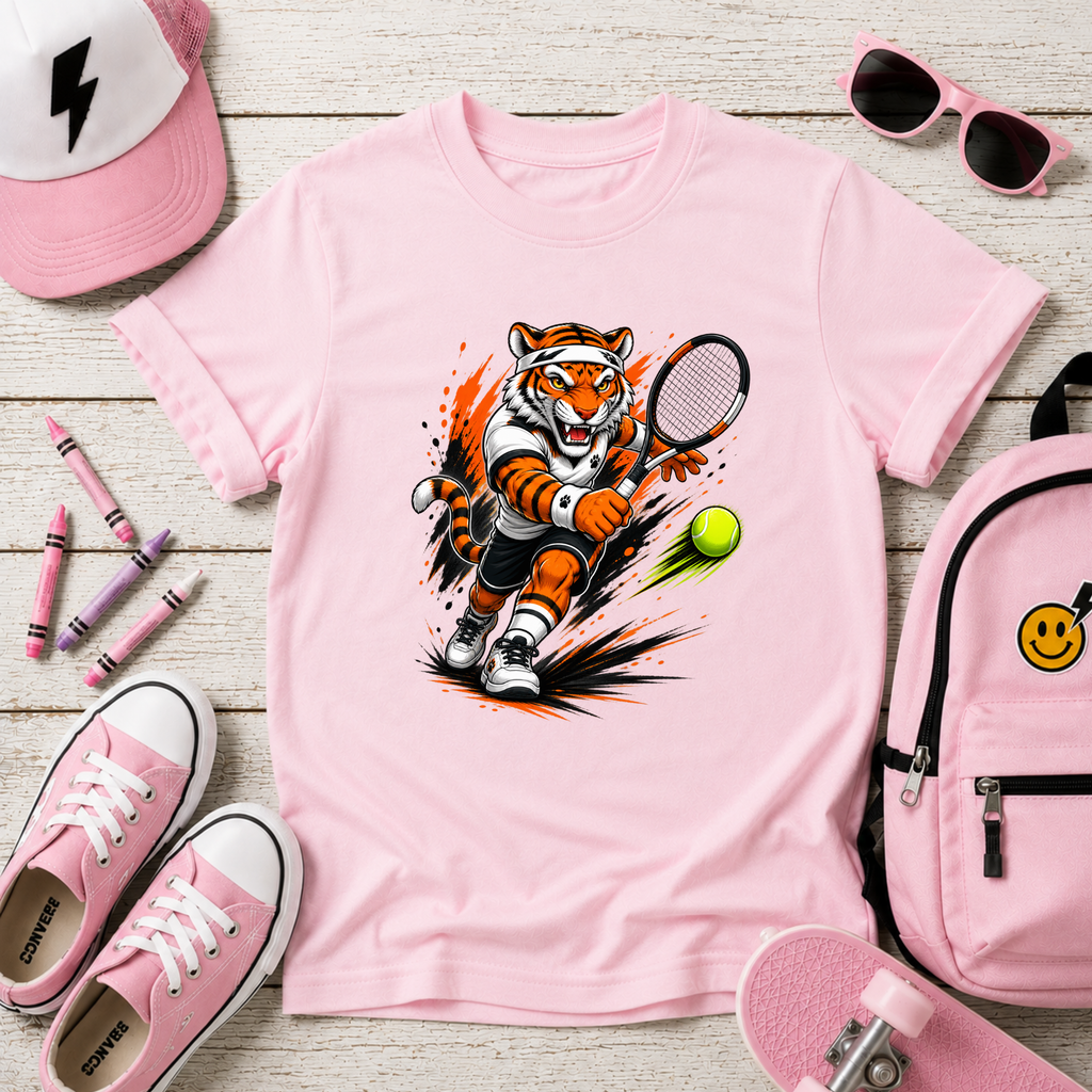 Kids Tennis Tiger T‑Shirt Fierce Cartoon Tennis Player Sports Tee