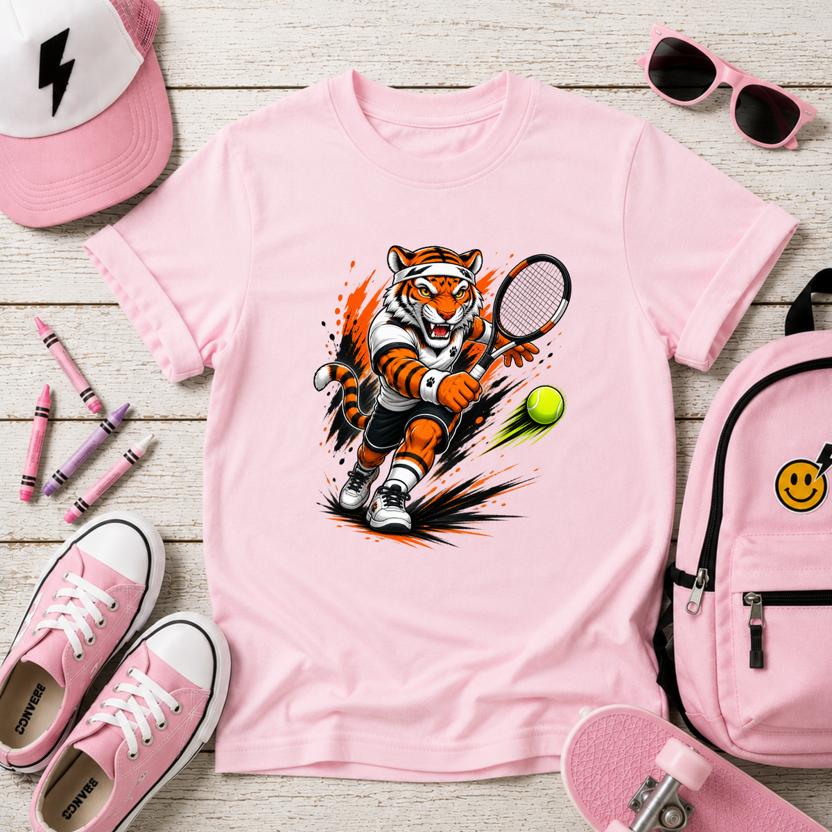 Kids Tennis Tiger T‑Shirt Fierce Cartoon Tennis Player Sports Tee
