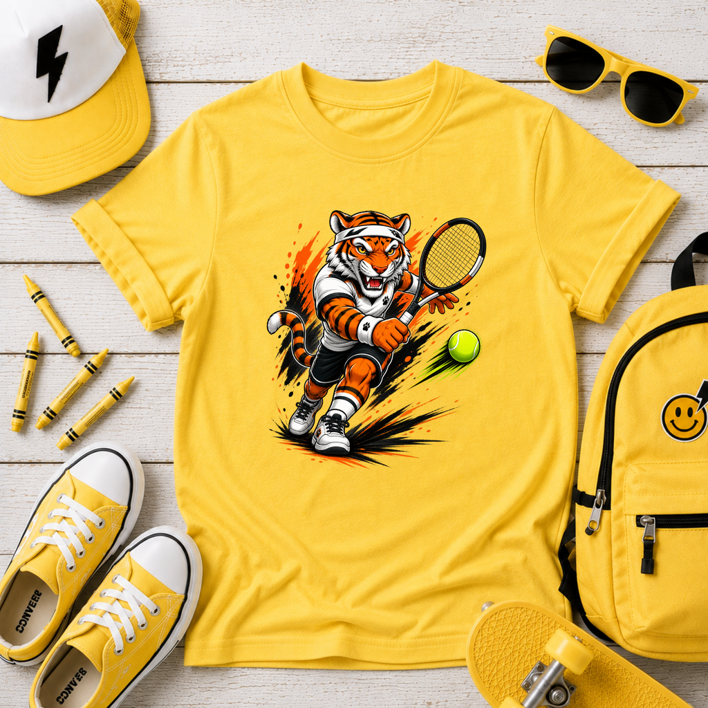 Kids Tennis Tiger T‑Shirt Fierce Cartoon Tennis Player Sports Tee