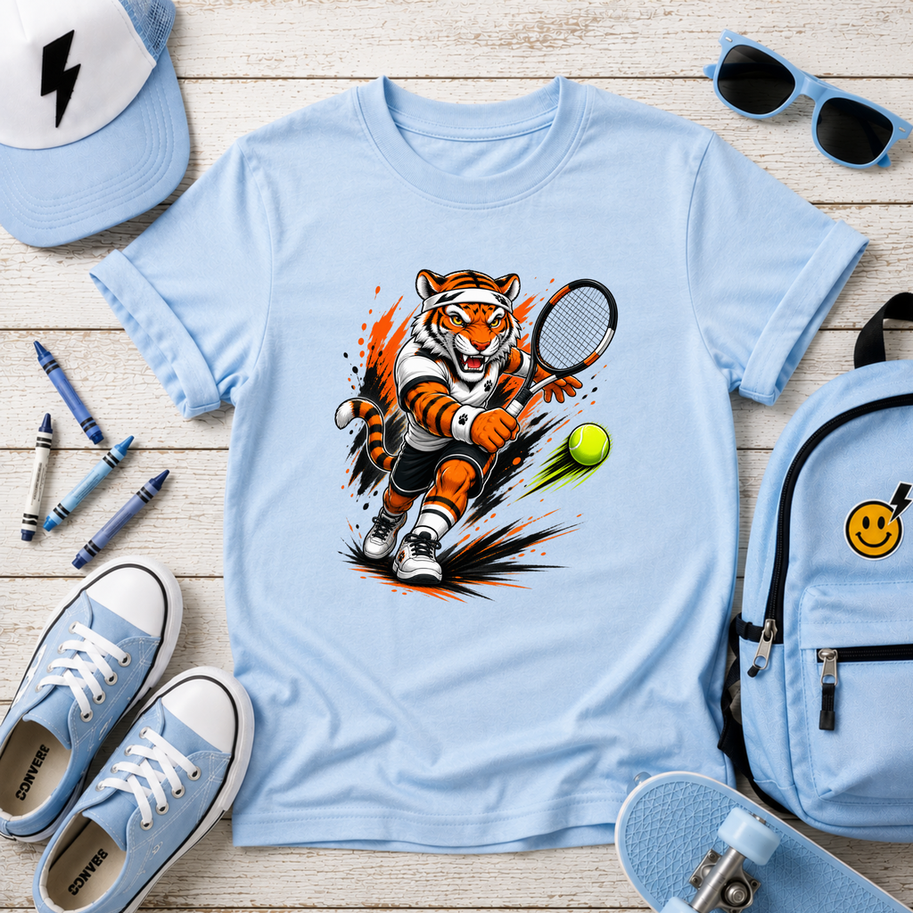 Kids Tennis Tiger T‑Shirt Fierce Cartoon Tennis Player Sports Tee