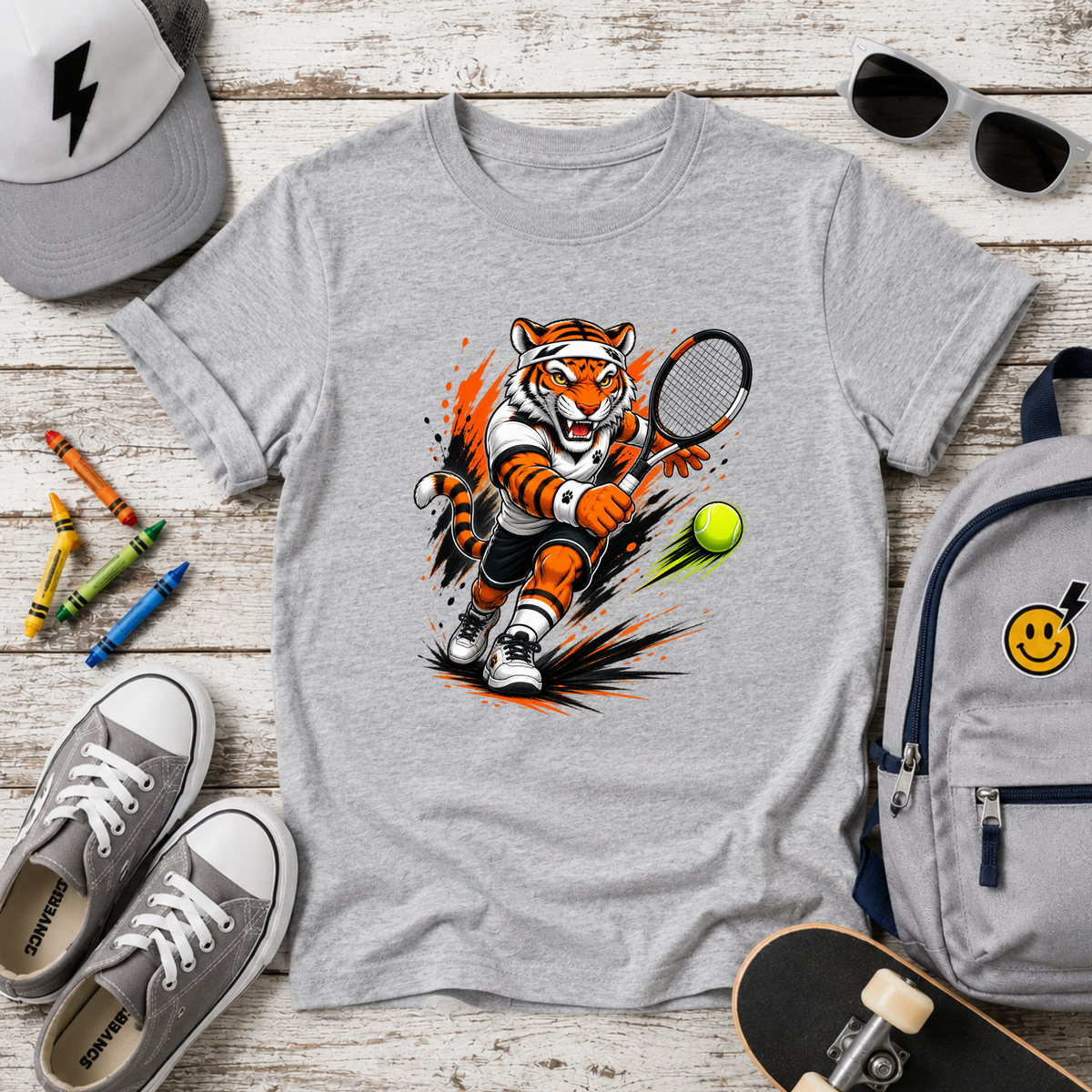 Kids Tennis Tiger T‑Shirt Fierce Cartoon Tennis Player Sports Tee