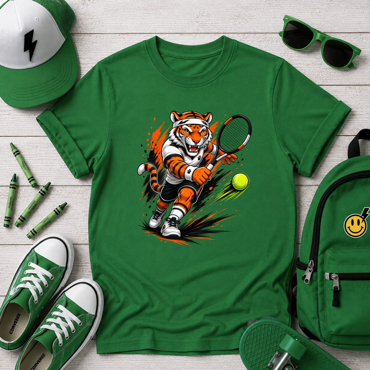 Kids Tennis Tiger T‑Shirt Fierce Cartoon Tennis Player Sports Tee