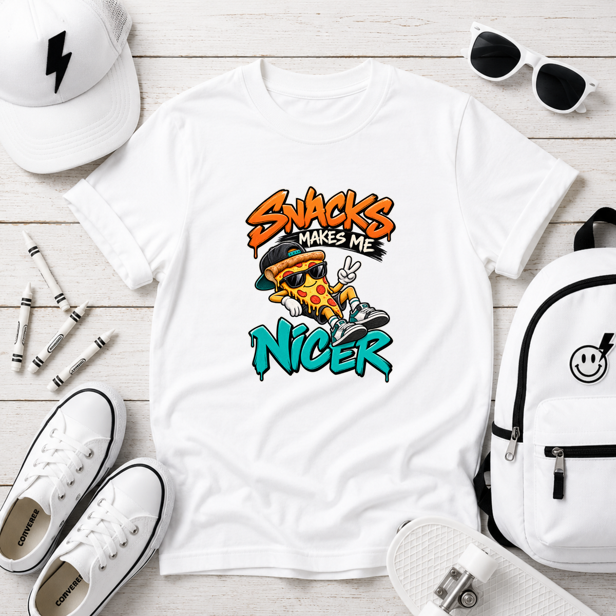 Cute Kids T‑Shirt "Snacks Make Me Nicer" Pizza Graphic Tee