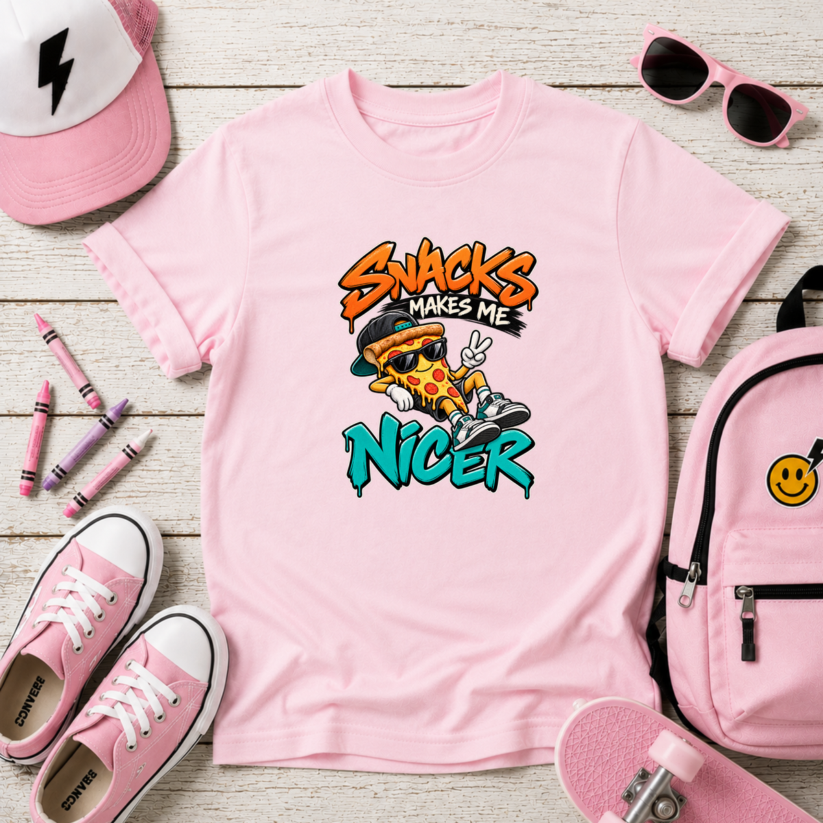 Cute Kids T‑Shirt "Snacks Make Me Nicer" Pizza Graphic Tee