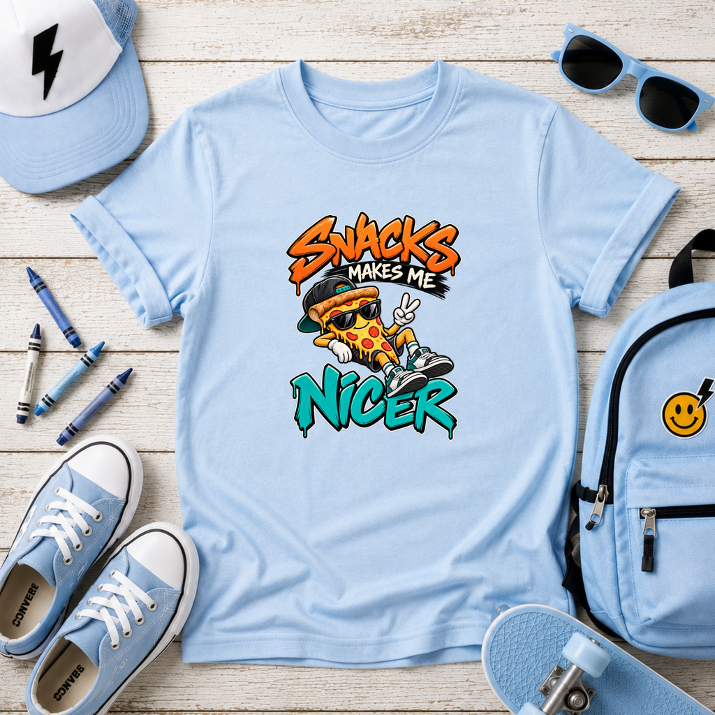 Cute Kids T‑Shirt "Snacks Make Me Nicer" Pizza Graphic Tee