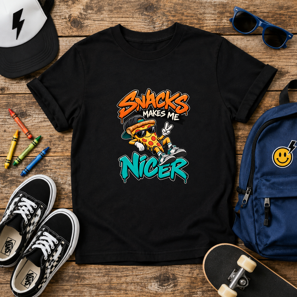 Cute Kids T‑Shirt "Snacks Make Me Nicer" Pizza Graphic Tee