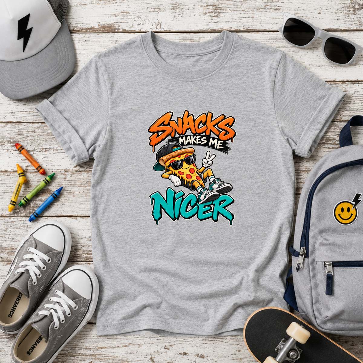 Cute Kids T‑Shirt "Snacks Make Me Nicer" Pizza Graphic Tee
