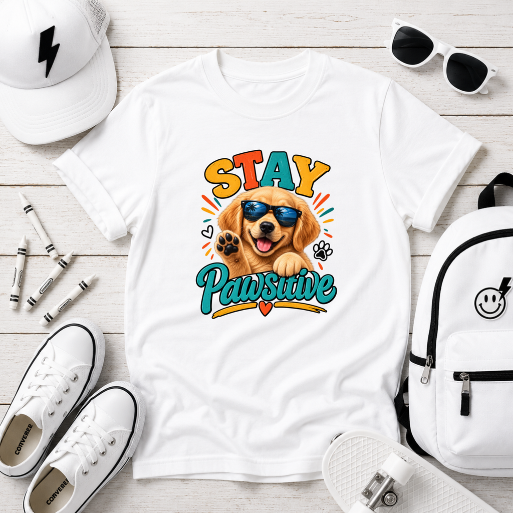 "Stay Pawsitive" Kids T-Shirt Cute Sunglasses Golden Retriever Tee for Dog Lovers