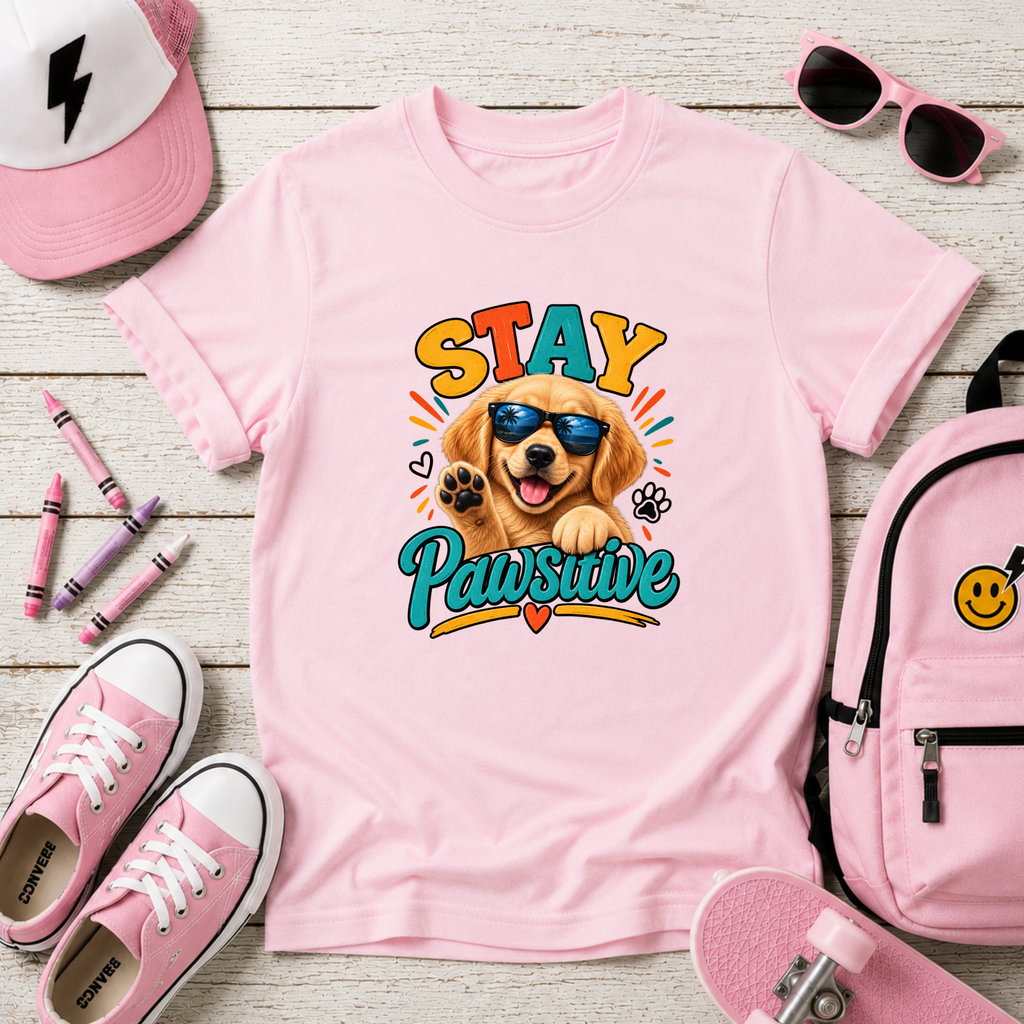 "Stay Pawsitive" Kids T-Shirt Cute Sunglasses Golden Retriever Tee for Dog Lovers