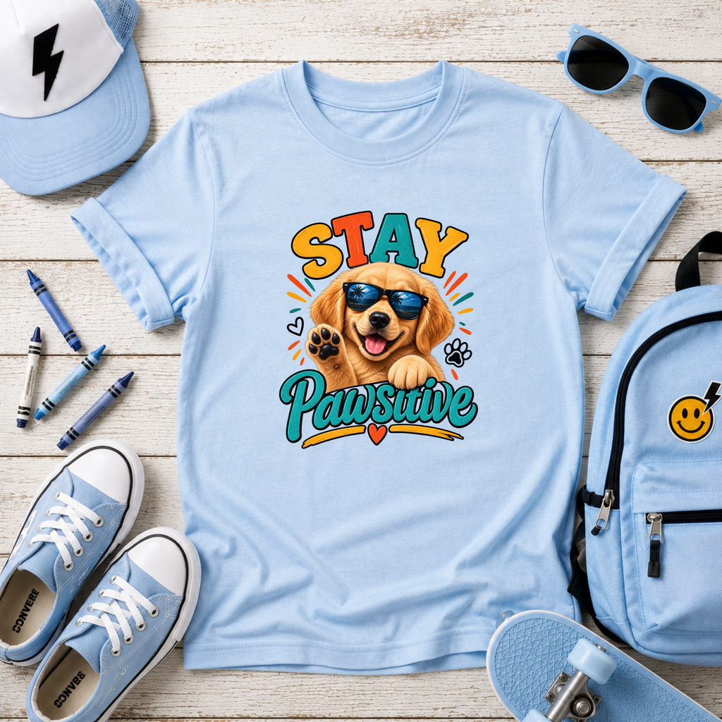 "Stay Pawsitive" Kids T-Shirt Cute Sunglasses Golden Retriever Tee for Dog Lovers