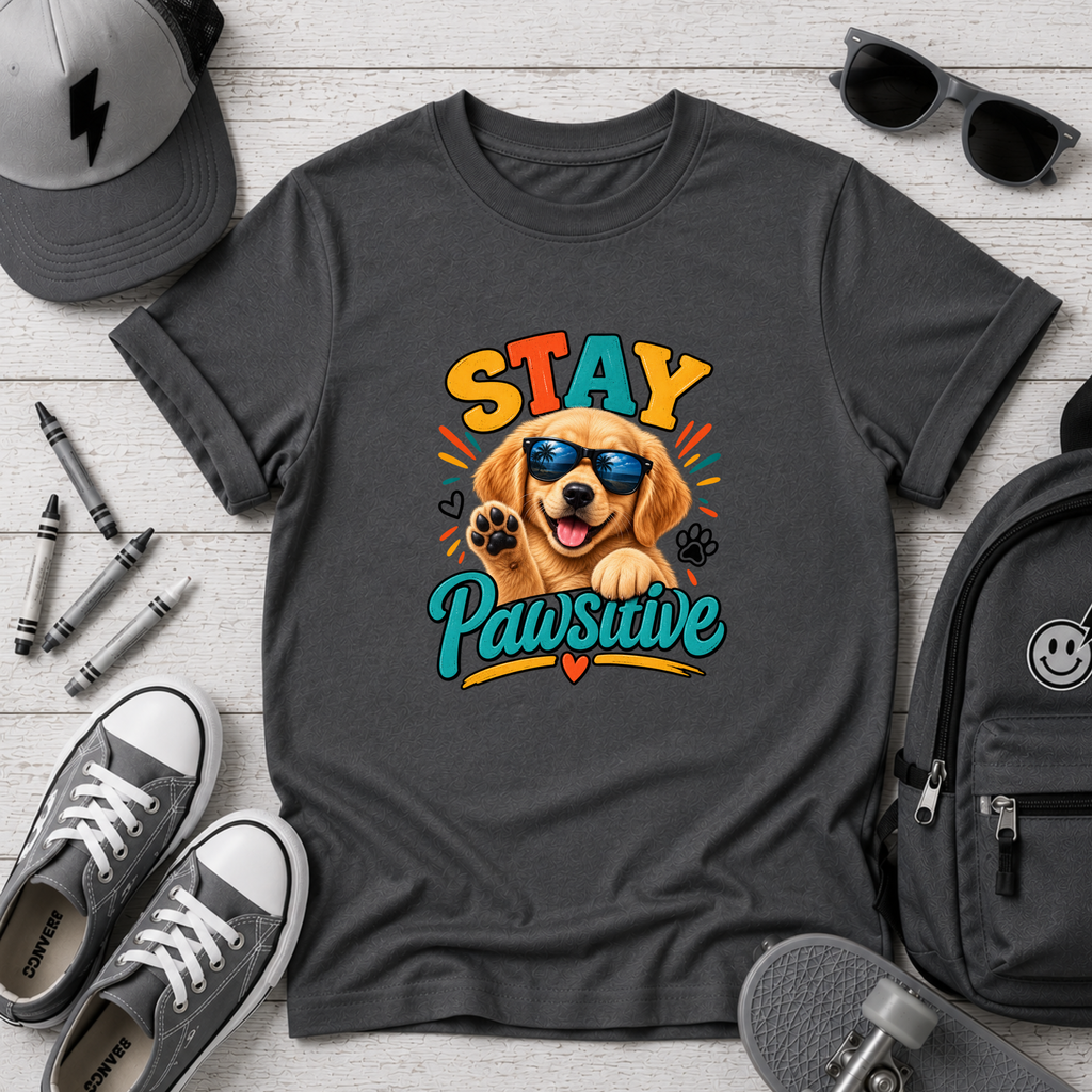 "Stay Pawsitive" Kids T-Shirt Cute Sunglasses Golden Retriever Tee for Dog Lovers