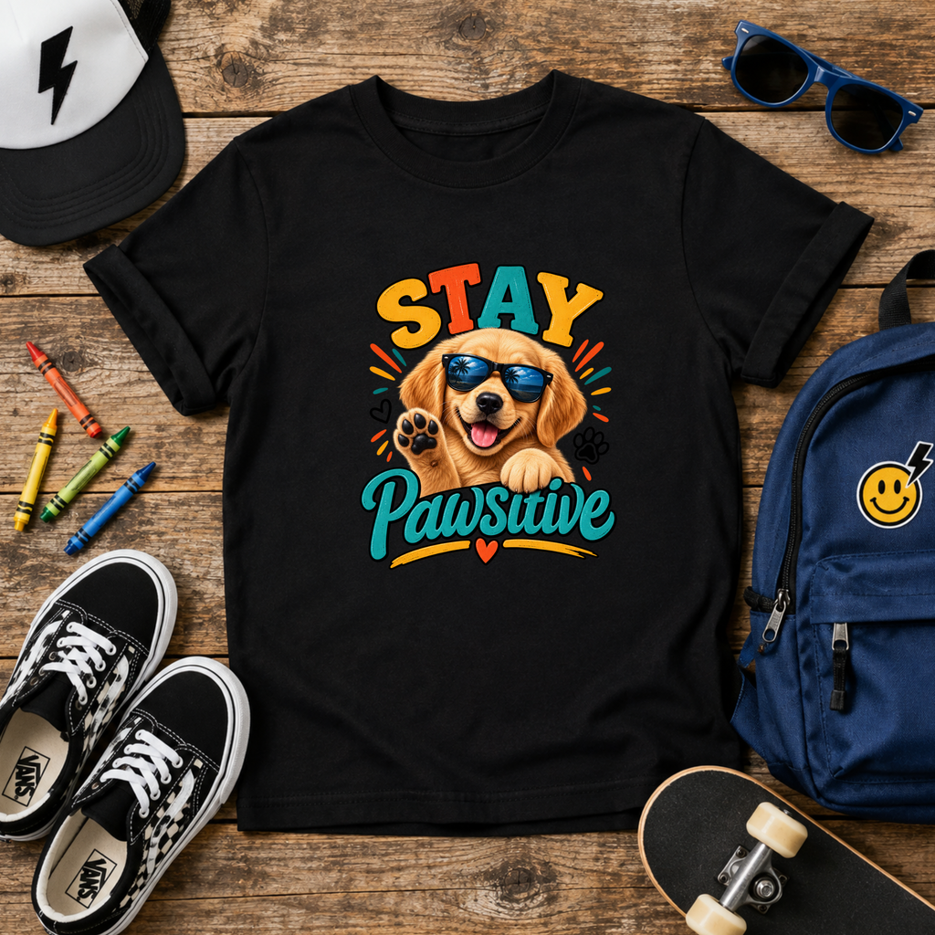 "Stay Pawsitive" Kids T-Shirt Cute Sunglasses Golden Retriever Tee for Dog Lovers