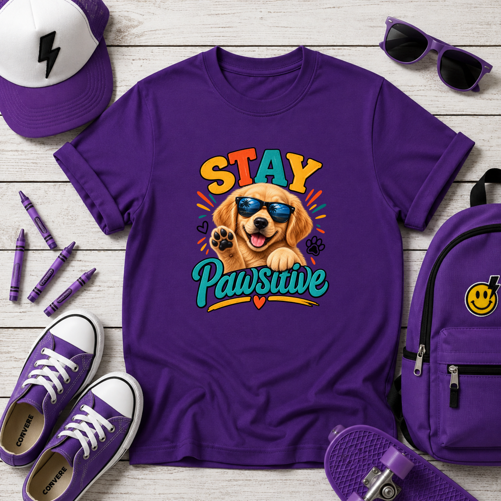 "Stay Pawsitive" Kids T-Shirt Cute Sunglasses Golden Retriever Tee for Dog Lovers