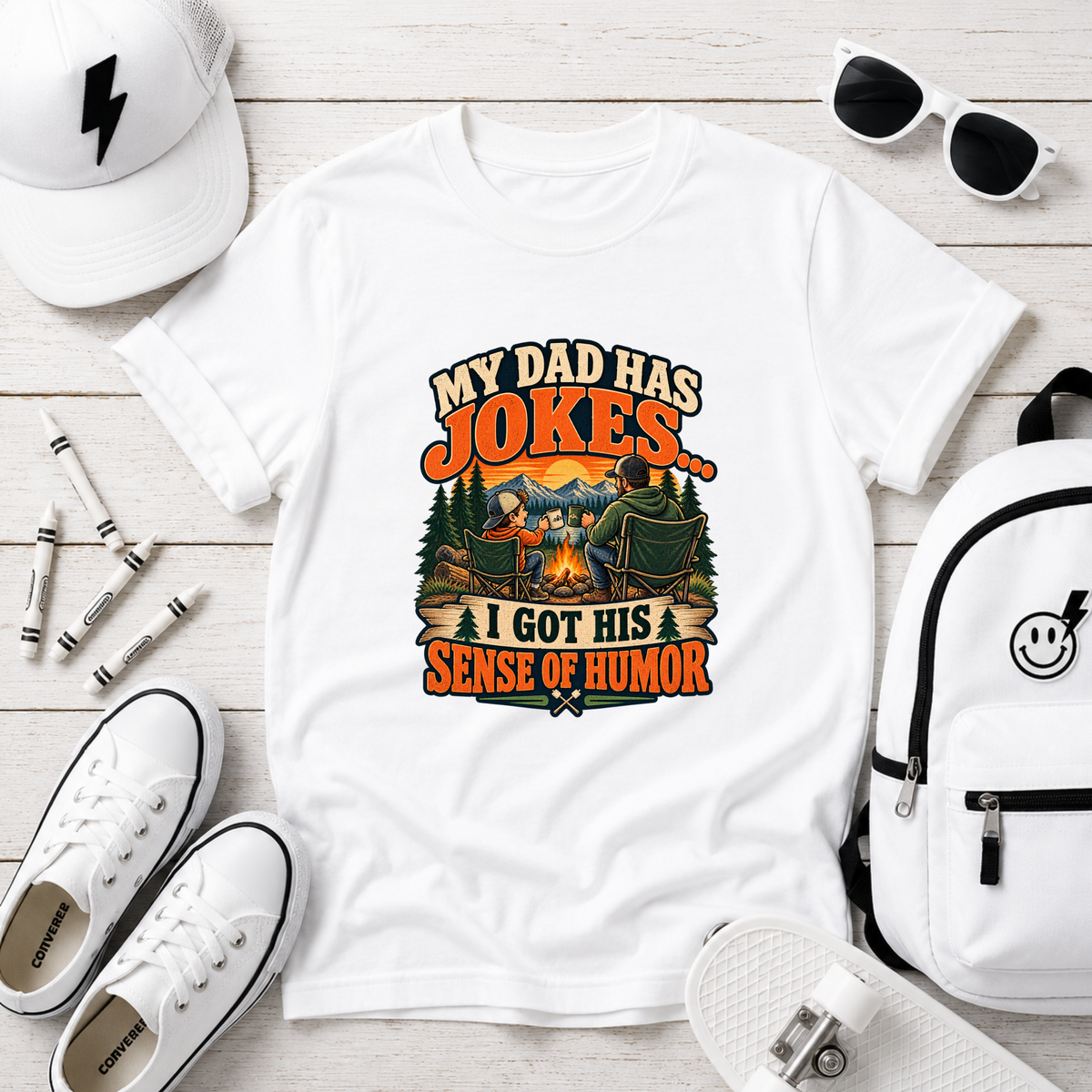 Kids T-Shirt “My Dad Has Jokes, I Got His Sense of Humor” Retro Funny Camping Tee