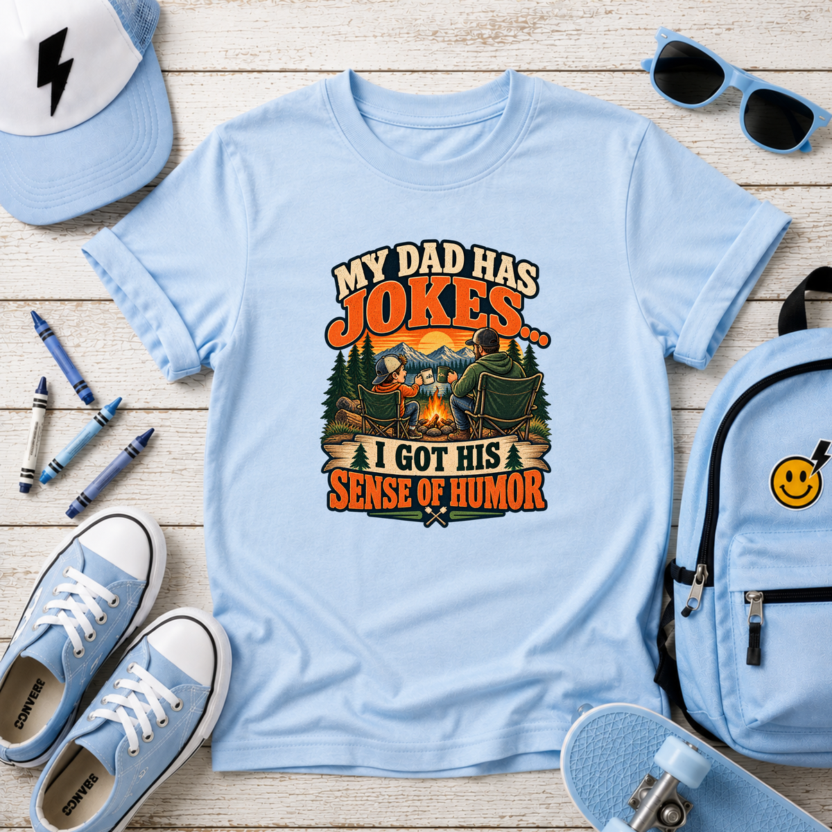 Kids T-Shirt “My Dad Has Jokes, I Got His Sense of Humor” Retro Funny Camping Tee