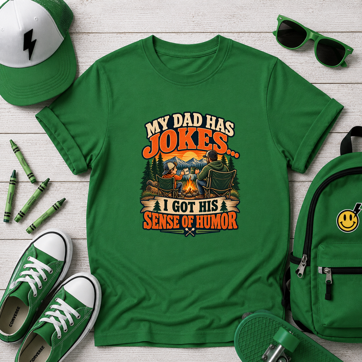 Kids T-Shirt “My Dad Has Jokes, I Got His Sense of Humor” Retro Funny Camping Tee