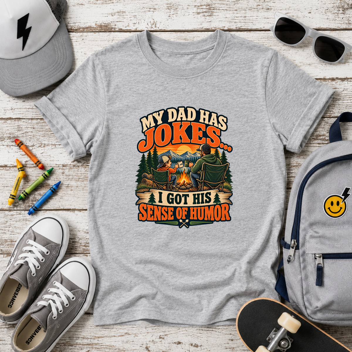 Kids T-Shirt “My Dad Has Jokes, I Got His Sense of Humor” Retro Funny Camping Tee