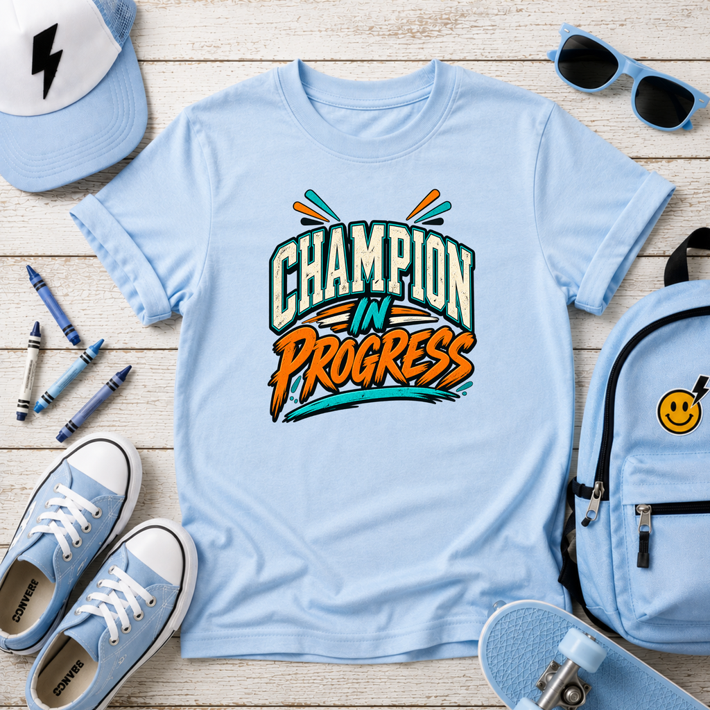 Kids Tee "Champion in Progress" Athletic Boys & Girls Graphic T-shirt