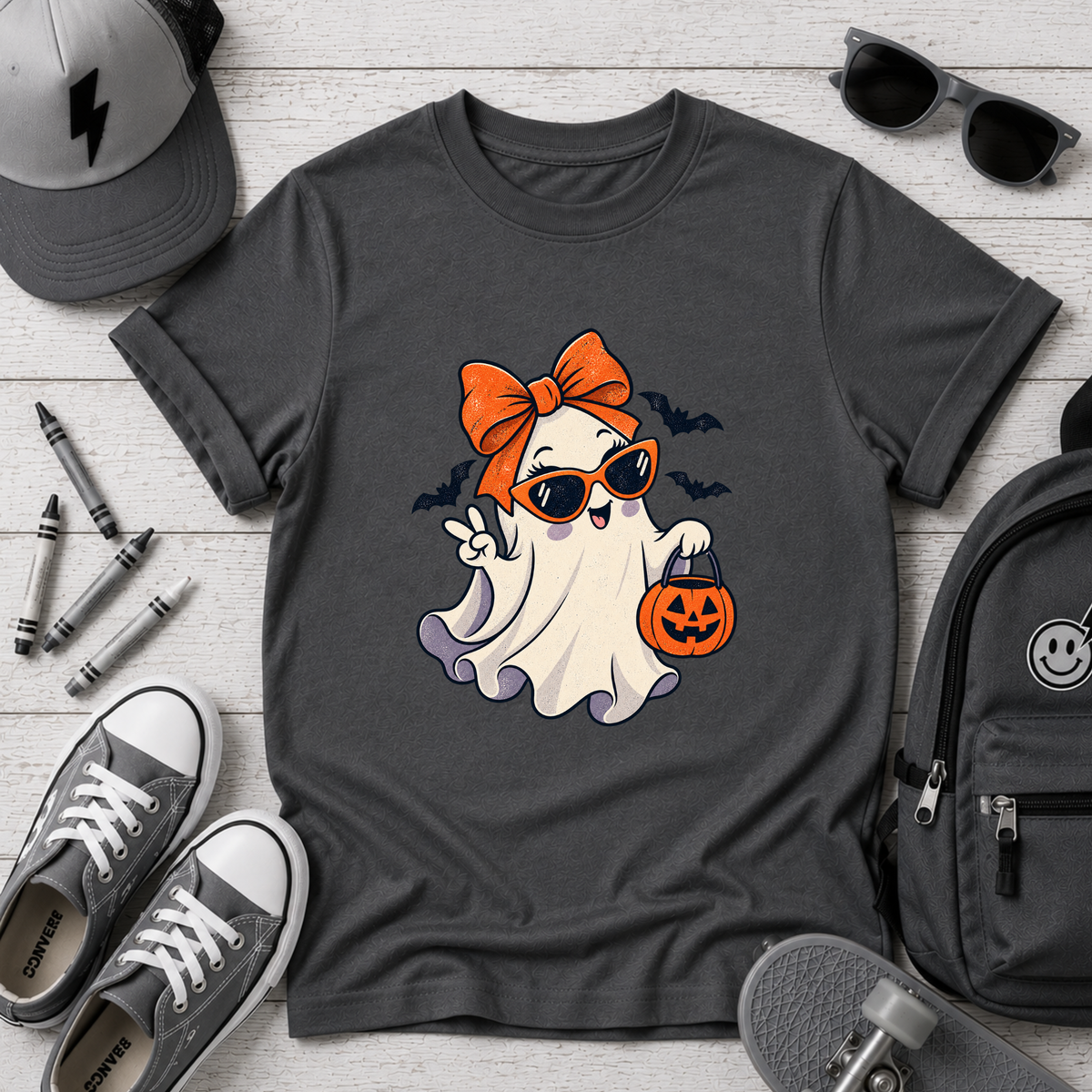 Girls Cute Ghost with Bow & Pumpkin Trick-or-Treat Shirt