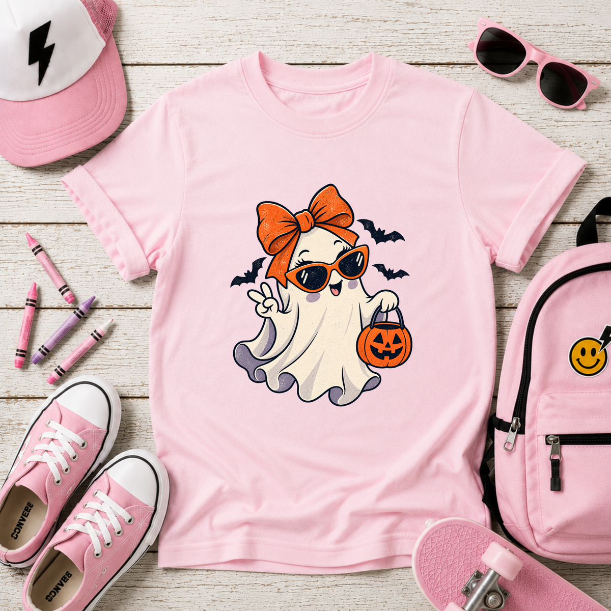 Girls Cute Ghost with Bow & Pumpkin Trick-or-Treat Shirt