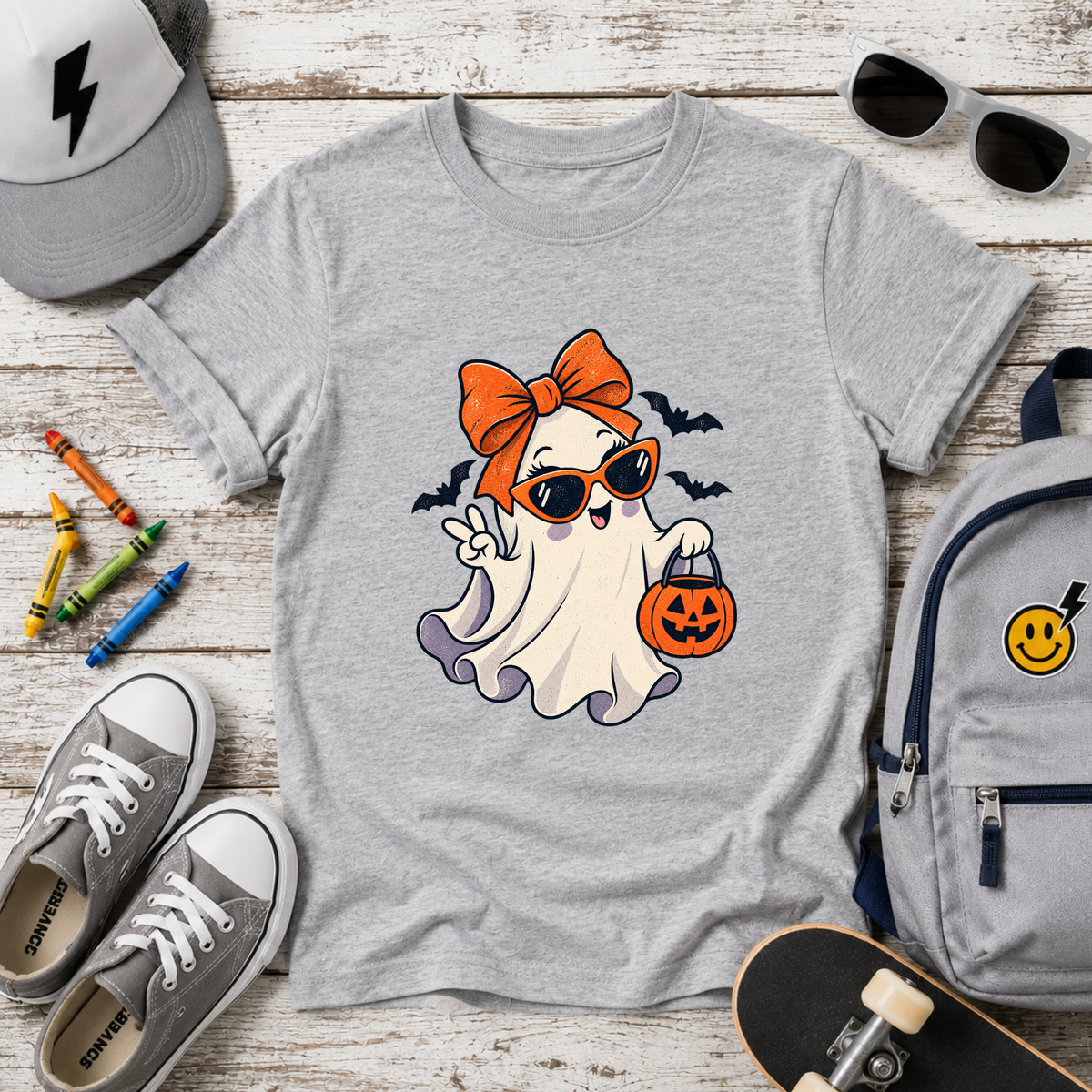 Girls Cute Ghost with Bow & Pumpkin Trick-or-Treat Shirt