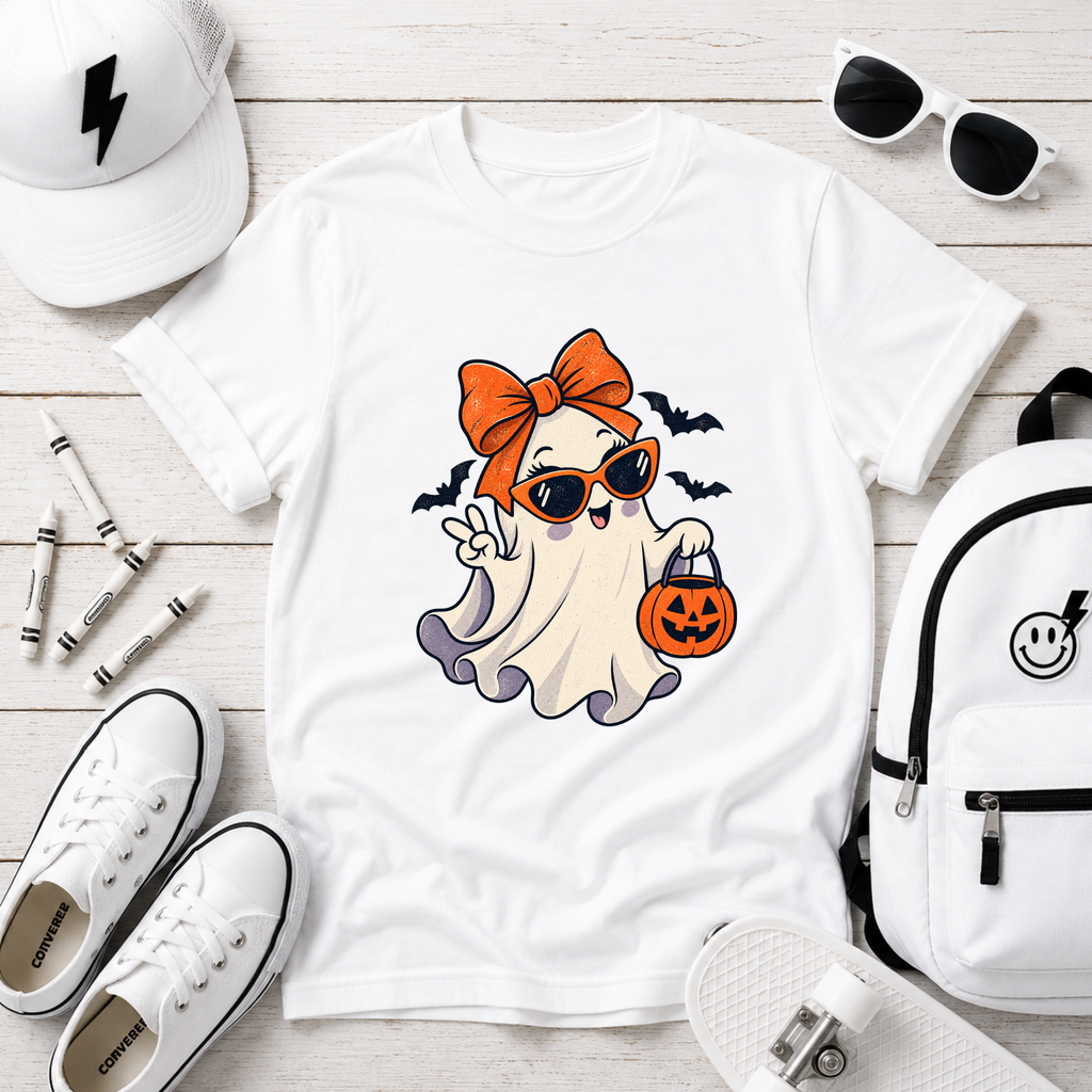 Girls Cute Ghost with Bow & Pumpkin Trick-or-Treat Shirt