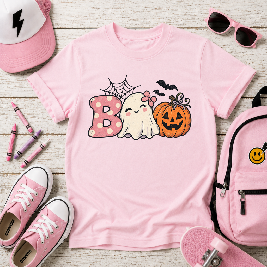 "Boo Ghost & Jack-O'-Lantern" Girls Cute Halloween Shirt