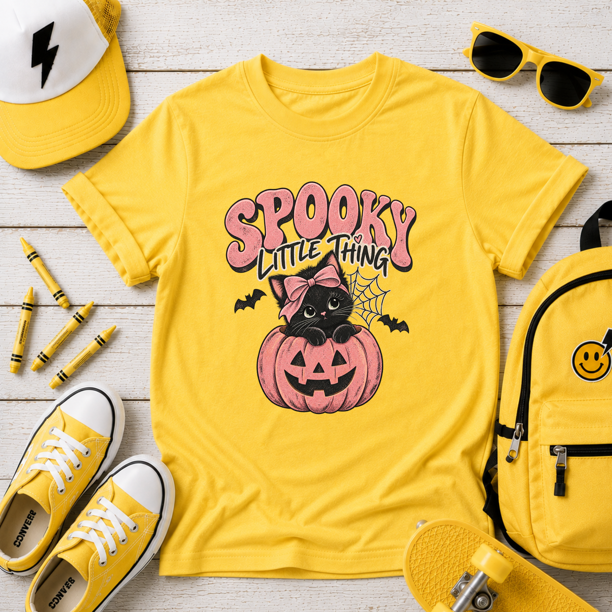 Girls Tee "Spooky Little Thing" Halloween Pumpkin Cat Shirt
