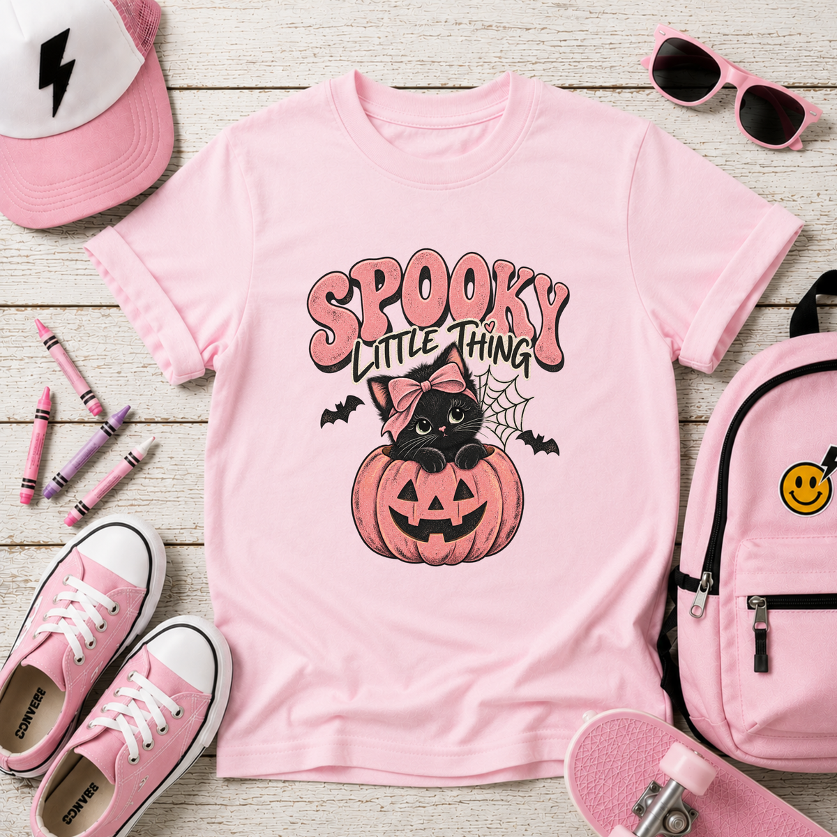 Girls Tee "Spooky Little Thing" Halloween Pumpkin Cat Shirt