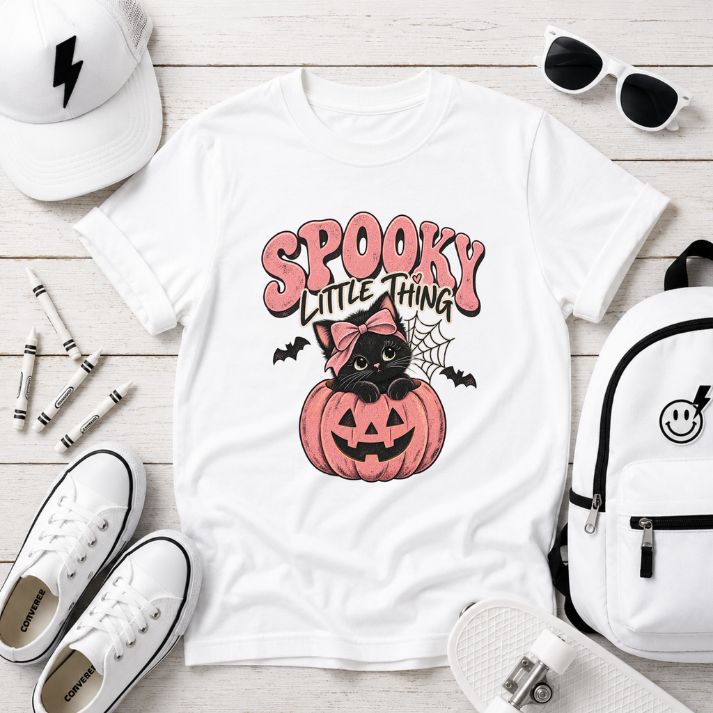 Girls Tee "Spooky Little Thing" Halloween Pumpkin Cat Shirt
