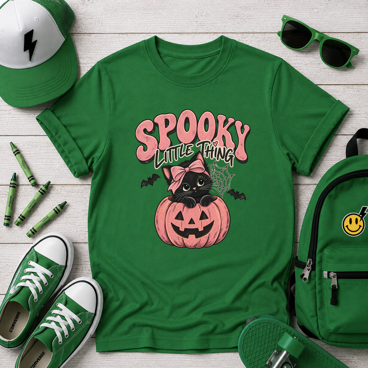 Girls Tee "Spooky Little Thing" Halloween Pumpkin Cat Shirt