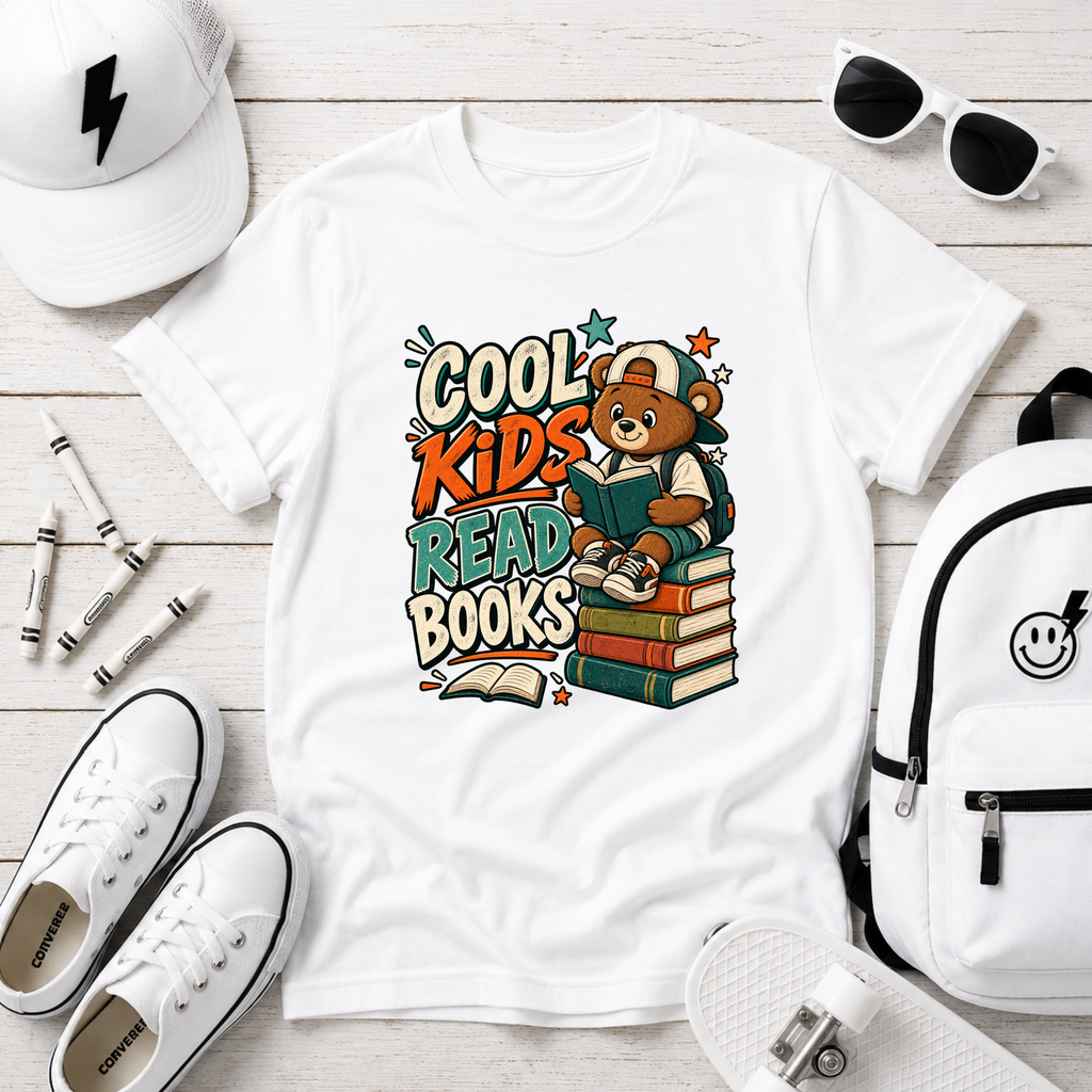 Kids Tee "Cool Kids Read Books" Bear Reading Graphic Shirt