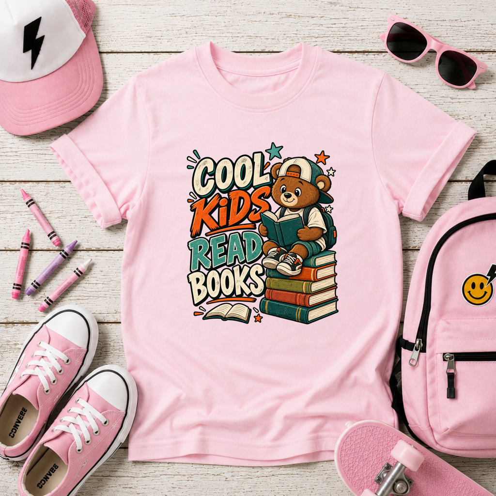 Kids Tee "Cool Kids Read Books" Bear Reading Graphic Shirt