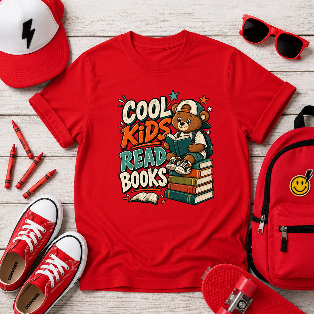 Kids Tee "Cool Kids Read Books" Bear Reading Graphic Shirt